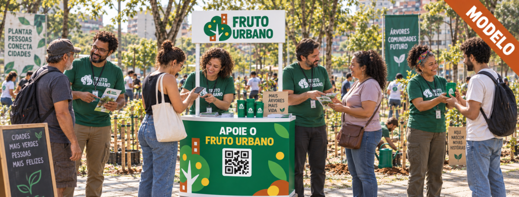 Duas mulheres e dois homens apresentam a Banca do Pomar a visitantes durante um plantio coletivo do Fruto Urbano