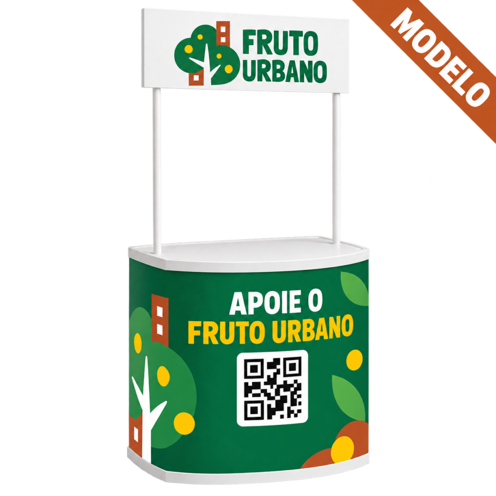 Modelo de balcão promocional da Banca do Pomar com identidade do Fruto Urbano, QR Code e tarja Modelo