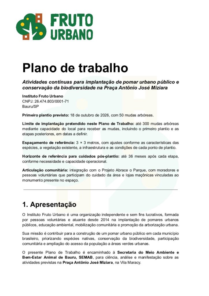 Primeira página do plano de trabalho do Fruto Urbano, com escopo, metas previstas e cuidados pós-plantio